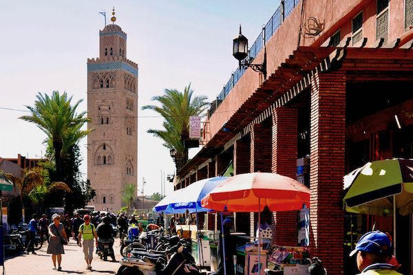 A view of the Koutoubia Mosque from the Streets of Marrakesh Morocco