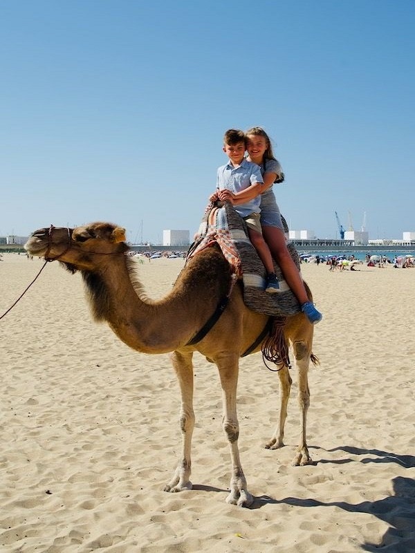 two children on a camel on a beach in Morocco